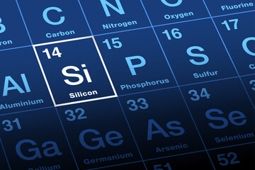 Silicon on periodic table of the elements. Chemical element and semiconductor with symbol Si and atomic number 14. Considered as essential element in the body, for the elastin and collagen synthesis. - obrazy, fototapety, plakaty