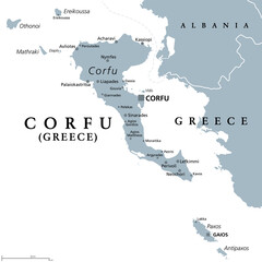 Corfu, island of Greece, gray political map. Also Kerkyra, is a Greek island in the Ionian Sea, and part of the Ionian Islands. With Othonoi, Ereikoussa and Mathraki it forms the Corfu Regional Unit. - obrazy, fototapety, plakaty