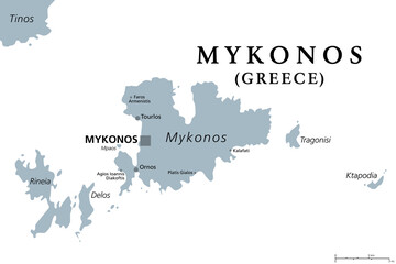 Fototapeta na wymiar Mykonos, an island of Greece, gray political map. Greek island in the Aegean Sea, and part of the Cyclades. Nicknamed The Island of the Winds, known as gay-friendly destination with vibrant nightlife.