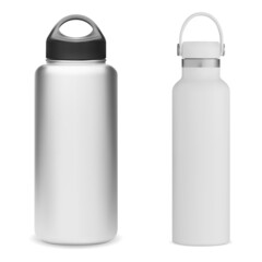 Water bottle. Metal thermo flask mockup. Reusable sport bottle aluminum blank. Realistic stainless steel can design. Fitness water tin illustration for identity branding promotion. Outdoor thermos