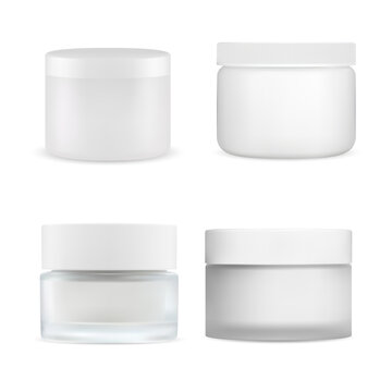 Cream jar vector mockup. White plastic cosmetic container blank. Round beauty product packaging for butter, scrub or gel. Isolated face powder box. Skin care creme package with lid
