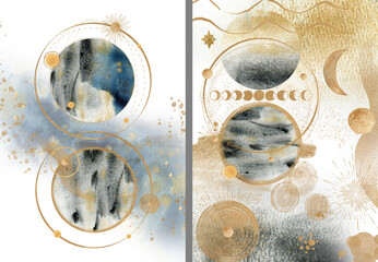 Gold, grey elements on white background. Abstract Mystic modern print set. Wall art, posters, prints set. High quality illustration