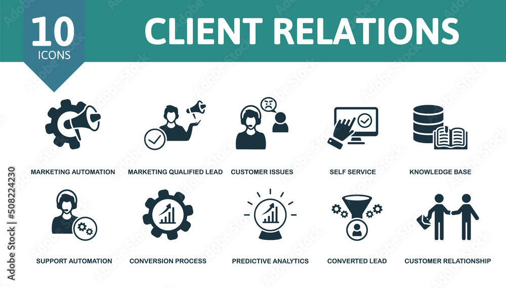 Poster client relations set icon. editable icons client relations theme such as marketing automation, custo