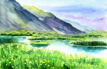 Watercolor illustration of a landscape with distant gray mountains in the background and a flowering meadow with yellow and blue wildflowers