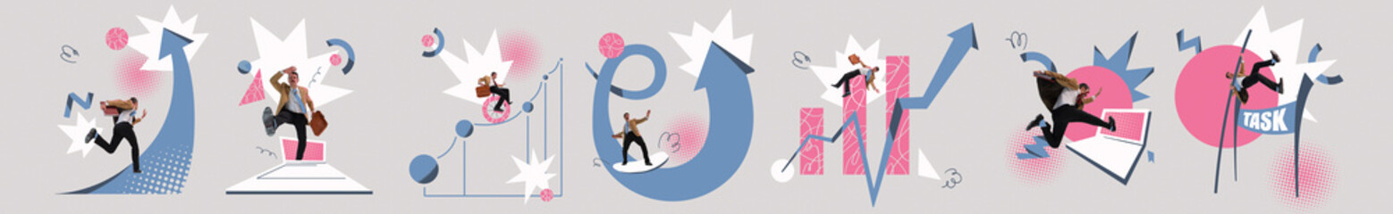 Contemporary art collage. Motivated ambitious employee, businessman working on success, overcoming...