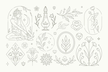 Monochrome line art floristic logo collection vector illustration emblem feminine beauty salon