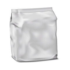 Fototapeta premium Blank bag packaging vector mockup. Crumpled vacuum pouch isolated on white background mock-up. Template for design