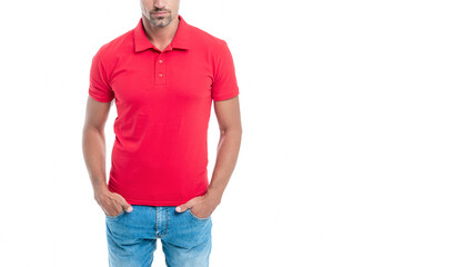 mature handsome man with grizzled hair in red shirt isolated on white background