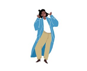 Vector cartoon flat happy character in joyful mood.Black woman rejoice,happily gesticulate,hands up-positive emotions,friendship,communication relationships social concept,web site banner ad design