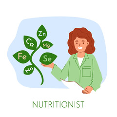 Woman nutritionist choose individual supplement diet from microelements tree, zinc calcium magnesium selenium sodium iron leaves. Health improvement with nutritions concept vector illustration