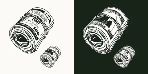 Fotobehang Monochrome money roll of 100 dollar bills with front and reverse side. Cash money. Vintage style. Detailed isolated vector illustration on dark and white background. Perspective left view © OA_Creation