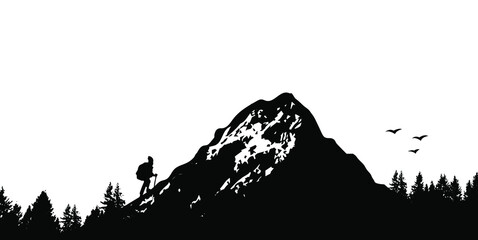 Man climbing on the mountain vector illustration. Hiking, forest, nature, pine tree, landscape silhouette.