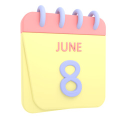 8th June 3D calendar icon. Web style. High resolution image. White background