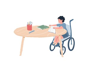 Vector cartoon flat boy character in wheelchair-smiling kid with disabilities studying at table,equal human rights,social justice,happy childhood for all children concept,web site banner ad design