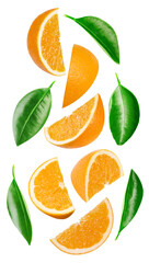 Collection orange slices isolated on white background. Taste orange with leaf. Full depth of field with clipping path