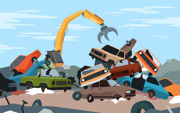 Cartoon steel crane working, dismantling scrapyard with old broken and crushed parts of auto vehicles, abandoned landfill background. Car dump junkyard
