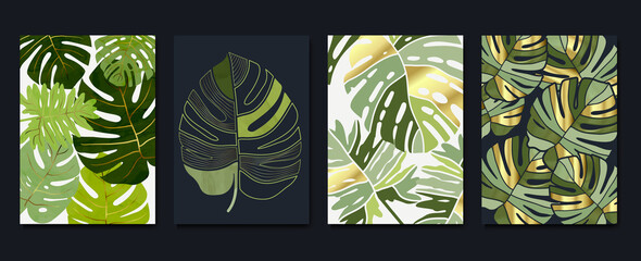 Set of abstract golden wall art template. Elegant line art, monstera leaves, tropical foliage, gold foil. Collection of luxury wall decoration perfect for decorative, interior, prints, banner. © TWINS DESIGN STUDIO