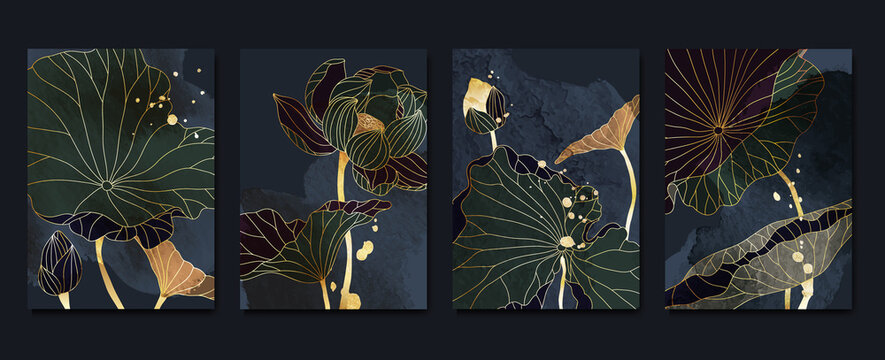 Set of abstract golden wall art template. Elegant line art, lotus flowers, leaves, foliage on dark background. Collection of luxury wall decoration perfect for decorative, interior, prints, banner.