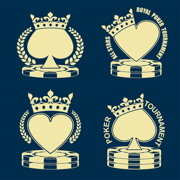 Poker tournament emblem isolated monochrome logo on blue background. Spades in crown and laurel wreath. Royal hearts on stack of casino chips. Vector graphic casino sign design set