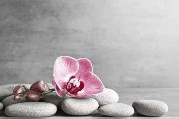Fototapete Composition with spa stones, orchid pink flower on grey background. © Belight