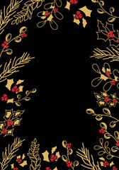Vector. Merry Christmas and Happy New Year floral background, copy space for your text. Rustic vertical frame template for Christmas cards, wedding invitations, party invitation. Hand-drawn sketch.