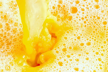 Fototapeta na wymiar Closeup of splashing orange juice, top view. Splash of fresh sweet orange, mango, fruit juice. Freeze motion of pouring orange juice .
