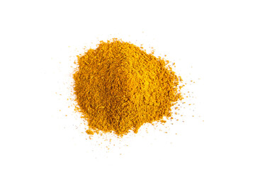 Pile of curry powder isolated on white background. Spices and herbs. Close-up, top view.