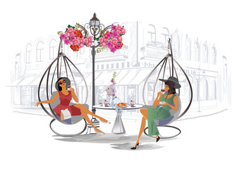 Fashion people in the restaurant. Street cafe in the old city. Girls drinking coffee at the table near the retro window. Hand drawn Vector Illustration.  - 508229847