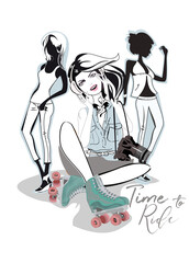 Series of Fashion cute girls sketches with accessories. Beautiful girl in rollers with a camera. Hand drawn vector illustration.