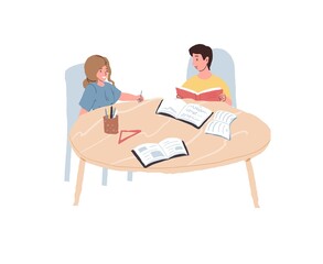 Vector cartoon flat kid characters students of primary school study,do homework at table with various schools supplies-happy fun childhood and learning educational concept,web site banner ad design