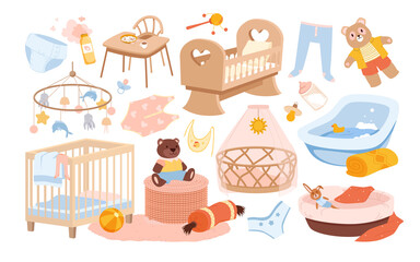 Newborn furniture and nursery interior. Children bedroom, crib bed and soft plush toys, baby shower details, toddler care accessories and playroom decoration vector illustration