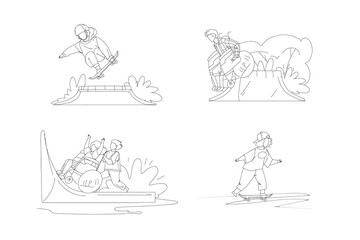 Disabled and healthy teenager enjoy sport activity skateboarding riding wheelchair outline vector scene set. Healthy lifestyle, outdoor extreme sports