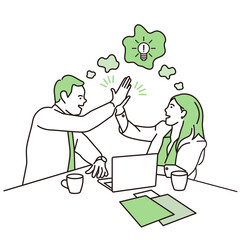 Start-up start-up company employee who thinks energetically with good ideas and gives high fives