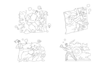 Diverse people breaking wall destroying obstacle outline vector scene set. Man woman cleanup way to success, solve life problem, goal achievement illustration