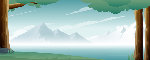 Vector illustration of trees and mountains. Mountains with rivers and forests in the morning.