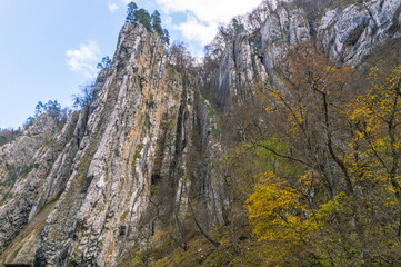 Gray rocks in the mountains. Mountain landscape. Layers of rock .