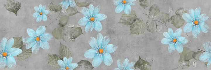 Blue flowers with cement texture, floral wallpaper design