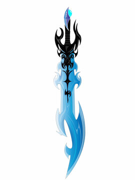 Illustration of ice magic sword. Black magical metal frames the cold blue steel of the sword's icy blade. Fantasy, science fiction, games, films. A world of adventure and valor.