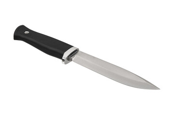 Modern hunting knife with silver blade and rubber handle. Steel arms. Isolate on a white back
