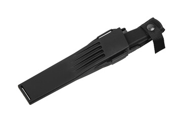 Modern hunting knife with silver blade and rubber handle. Steel arms. Isolate on a white back