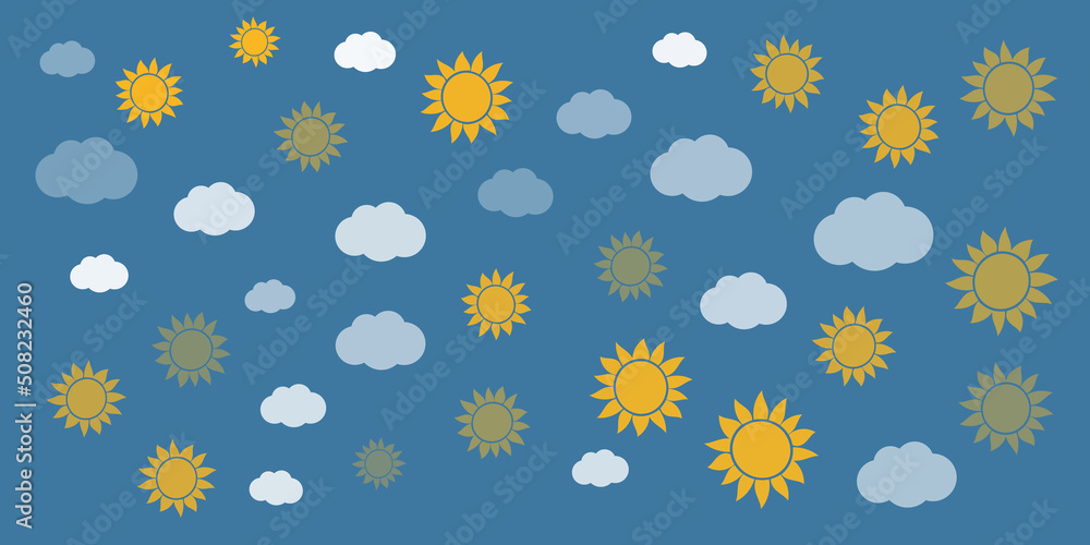Poster lots of suns and cloud symbols of various sizes - vintage style texture, natural pattern background,