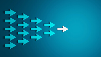 3D render of arrows folowing leading arrow in the one direction with copy space
