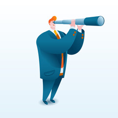 A businessman in a business suit looks through a telescope. Vector illustration on the topic of search or strategic planning.