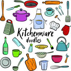 Set of doodle kitchenware Hand drawn, Set elements for your design,kitchen tools. Colorful vector illustration