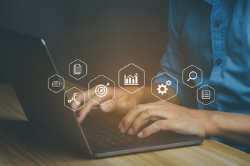 Businessman working with laptop, business analytics concept with digital data diagrams and chart, financial dashboard of company.