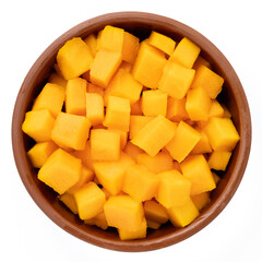 Raw Pumpkin cut into pieces in a bowl isolated on a white background, top view