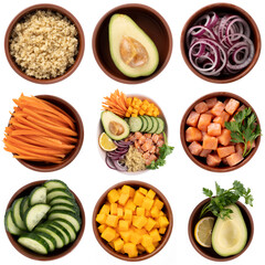 set of healthy products for making a diet Poke Bowl with quinoa, salmon, avocado and other healthy products. Isolated on white, set of 9 bowls