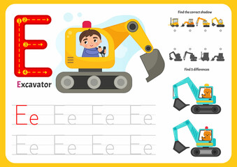 Handwriting practice sheet. Basic writing. Educational game for children. Worksheet for learning alphabet. Letter E. Illustration of cute boy rides an excavator.
