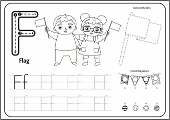 Handwriting practice outline sheet. Basic writing. Educational game for children. Worksheet for learning alphabet. Letter F. Illustration of cute boy and girl holding colorful flags.
