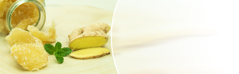 Fresh ginger root and candied ginger in sugar